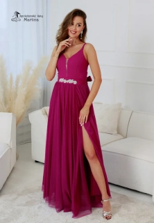 Dlouhé fuchsiové tylové společenské šaty "Babydoll"