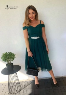 Midi lahvově zelené společenské šaty "Daisy" se spadenými ramínky