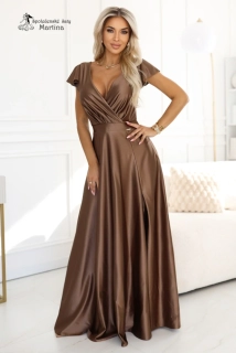 Cappuccino dlouhé saténové společenské šaty s krátkým rukávkem "Crystal"