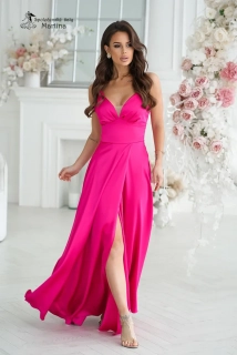 Fuchsiové saténové dlouhé šaty "Ally" na tenká ramínka a s rozparkem