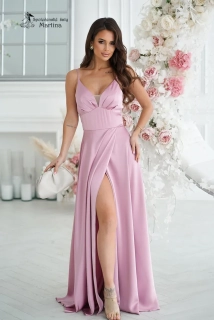 Pudrově růžové saténové dlouhé šaty "Ally" na tenká ramínka a s rozparkem