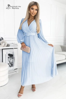 Světle modré dlouhé plisované šaty pro svatebního hosta "Moyra" s dlouhým rukávem 