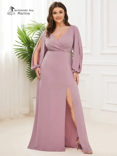 Jemně třpytivé starorůžové XXL společenské šaty "Lizette" s dlouhými rukávy