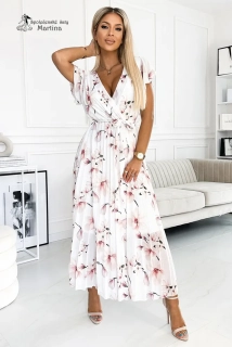 Midi plisované šaty "Luna" - bílé s potiskem magnólií