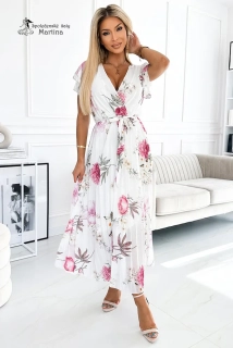 Midi plisované šaty "Luna" - bílé s potiskem pivoněk
