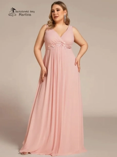 Růžové šaty na široká ramínka "Britney" s aplikací v pase - vel. 48