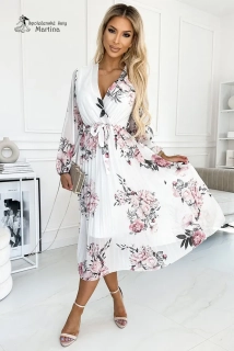 Bílé květované šaty "Jessie" s dlouhými rukávy a plisovanou sukní v délce midi