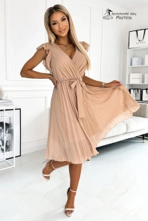 Béžové šaty "Matty" s plisovanou sukní a krátkým rukávem