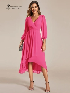 Fuchsiové midi asymetrické šifonové šaty s 3/4 rukávem "Hirah"