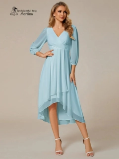 Světle modré midi asymetrické šifonové šaty s 3/4 rukávem "Hirah"