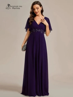 Tmavě fialové šifonové šaty "Pandora" s volným rukávem a aplikací v pase