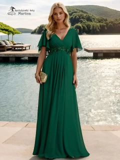 Zelené šifonové šaty "Pandora" s volným rukávem a aplikací v pase