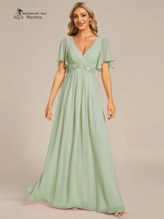 Zelenkavé šifonové šaty "Pandora" s volným rukávem a aplikací v pase