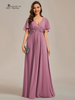 Tmavě starorůžové šifonové šaty "Pandora" s volným rukávem a aplikací v pase