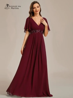 Vínové šifonové šaty "Pandora" s volným rukávem a aplikací v pase