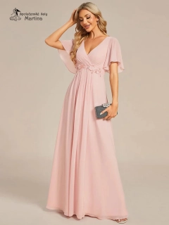 Růžové šifonové šaty "Pandora" s volným rukávem a aplikací v pase