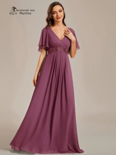 Šeříkové šifonové šaty "Pandora" s volným rukávem a aplikací v pase