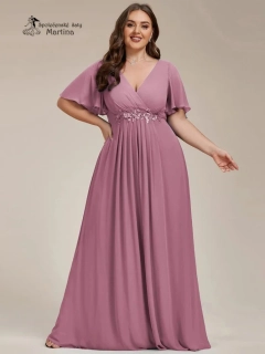 Tmavě starorůžové šifonové XXL šaty "Pandora" s volným rukávem a aplikací v pase