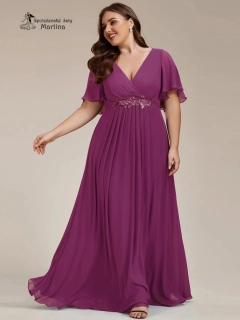 Fuchsiové šifonové XXL šaty "Pandora" s volným rukávem a aplikací v pase