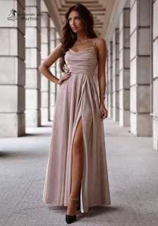 Zlaté brokátové společenské šaty "Valeria" s výstřihem "voda"