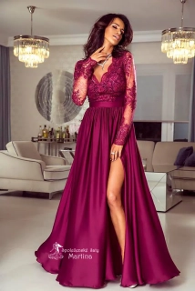 Společenské šaty "Lisa" s dlouhými krajkovými rukávy - burgund