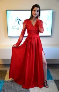 Červené společenské šaty "Lisa" s dlouhými krajkovými rukávy