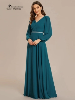 Petrolejové společenské šaty s dlouhými rukávy "Kerenza"