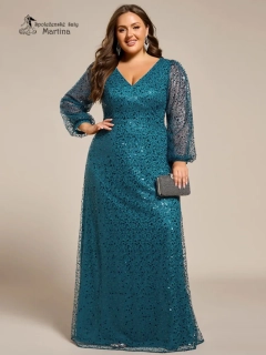 Petrolejové celozdobené společenské XXL šaty s dlouhými rukávy "Careen"