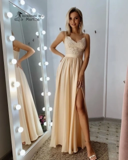 Dlouhé béžové společenské šaty "Sheila" se špagetovými ramínky