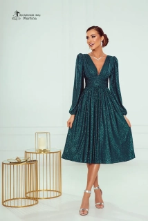 Tmavě zelené třpytivé midi šaty "Klara" s dlouhým rukávem