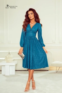 Tyrkysové třpytivé midi šaty "Klara" s dlouhým rukávem