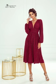 Vínové třpytivé midi šaty "Klara" s dlouhým rukávem
