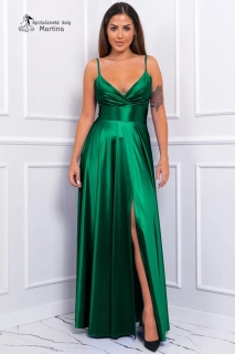 Lahvově zelené saténové společenské šaty "Lauryn" na tenká ramínka