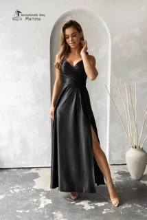 Černé saténové společenské šaty "Stella" s rozparkem a překládaným živůtkem
