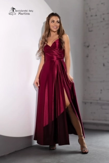 Vínové saténové společenské šaty "Stella" s rozparkem a překládaným živůtkem