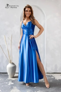 Modré saténové společenské šaty "Stella" s rozparkem a překládaným živůtkem