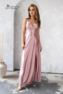 Pudrově růžové saténové společenské šaty "Stella" s rozparkem a překládaným živůtkem