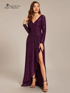 Tmavě fialové flitrové asymetrické šaty s rozparkem a dlouhým rukávem "Connie"