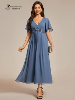 Dusty navy midi šaty pro svatební maminku či hosta "Mousse" s volnými rukávy