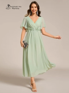 Světle zelené midi šaty pro svatební maminku či hosta "Mousse" s volnými rukávy