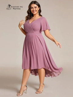 Starorůžové midi asymetrické šifonové šaty s volným rukávem "Debra" - vel. 48