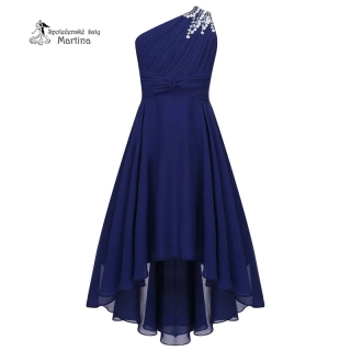 Tmavě modré asymetrické dívčí šaty "Nikolka" na jedno rameno 6-16 let