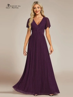 Tmavě fialové žebrované společenské šaty "Ebonny" s krátkými rukávy 