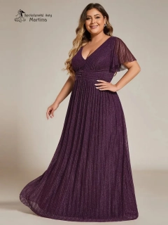 Tmavě fialové plus size žebrované společenské šaty "Ebonny" s krátkými rukávy 