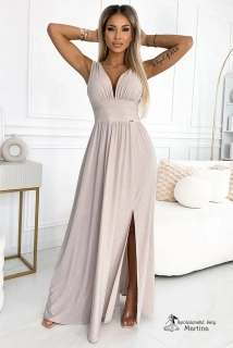 Béžové brokátové společenské šaty "Berenika" na široká ramínka