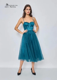 Petrolejové midi tylové šaty "Ella" se šněrováním na zádech