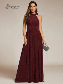 Vínové plisované společenské šaty s vysokým límečkem "Sheena"