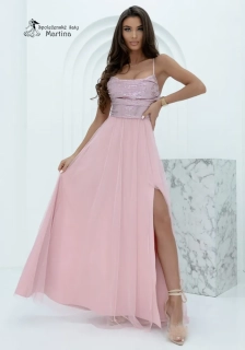 Pudrově růžové dlouhé šaty s flitrovým živůtkem a tylovou sukní "Syrenka" - vel. 38