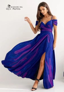 Dlouhé modro-amarantové brokátové společenské šaty "Valentina" se spadenými rukávy
