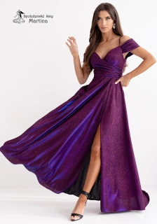 Dlouhé fialovo-modré brokátové společenské šaty "Valentina" se spadenými rukávy